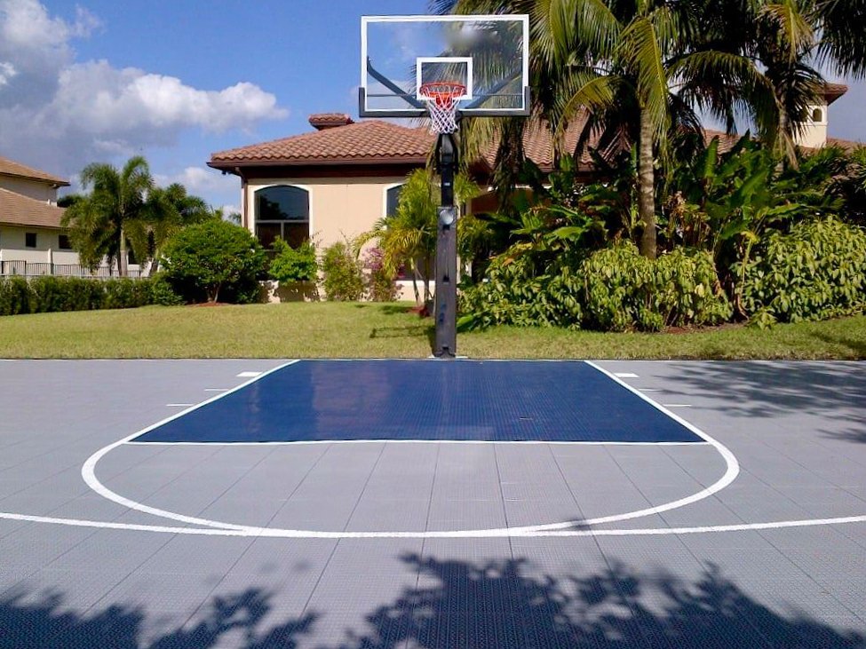 An Outdoor Sport Courts court shown at full size in a backyard through phone AR